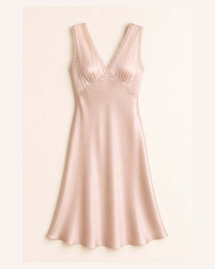 VELSÉE Women’s 100% Mulberry Silk Lace-Trim Midi Nightdress – Cross-Front V-Neck Luxury Sleep Dress