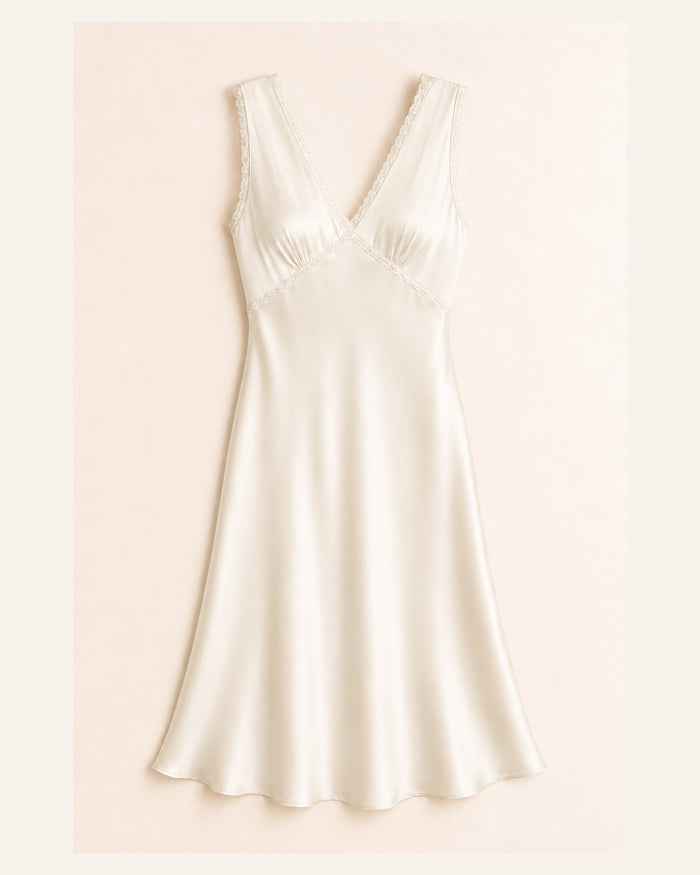 VELSÉE Women’s 100% Mulberry Silk Lace-Trim Midi Nightdress – Cross-Front V-Neck Luxury Sleep Dress