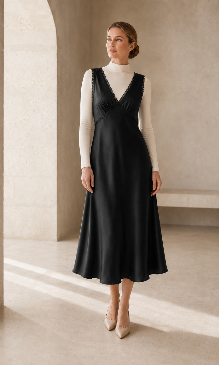 VELSÉE Women’s 100% Mulberry Silk Lace-Trim Midi Nightdress – Cross-Front V-Neck Luxury Sleep Dress