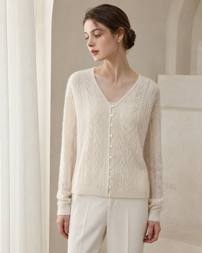 VELSÉE Women's Cashmere & Mulberry Silk Pointelle Cardigan, V-Neck Pearl Button Lightweight Knit
