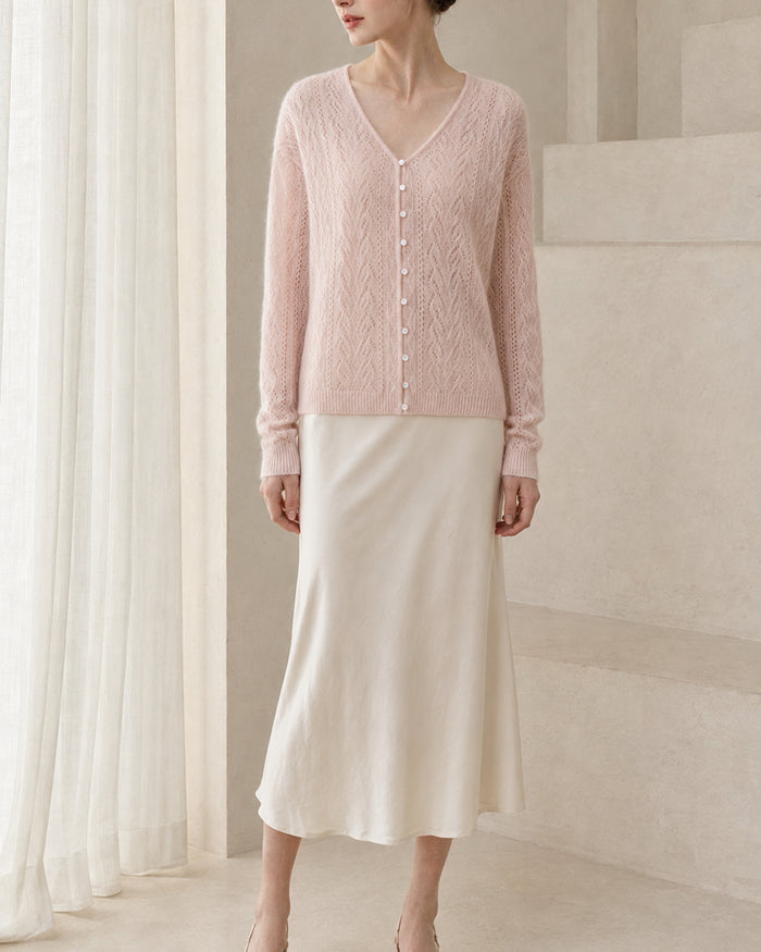 VELSÉE Women's Cashmere & Mulberry Silk Pointelle Cardigan, V-Neck Pearl Button Lightweight Knit