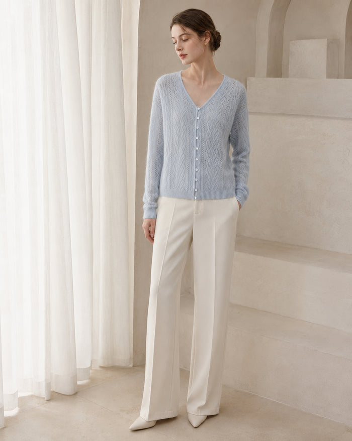 VELSÉE Women's Cashmere & Mulberry Silk Pointelle Cardigan, V-Neck Pearl Button Lightweight Knit
