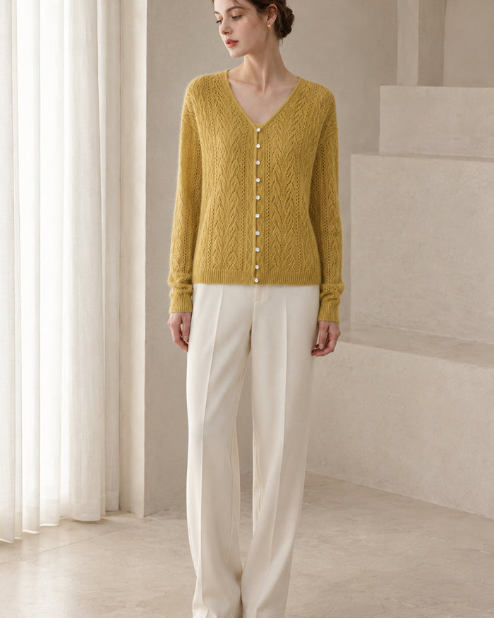 VELSÉE Women's Cashmere & Mulberry Silk Pointelle Cardigan, V-Neck Pearl Button Lightweight Knit