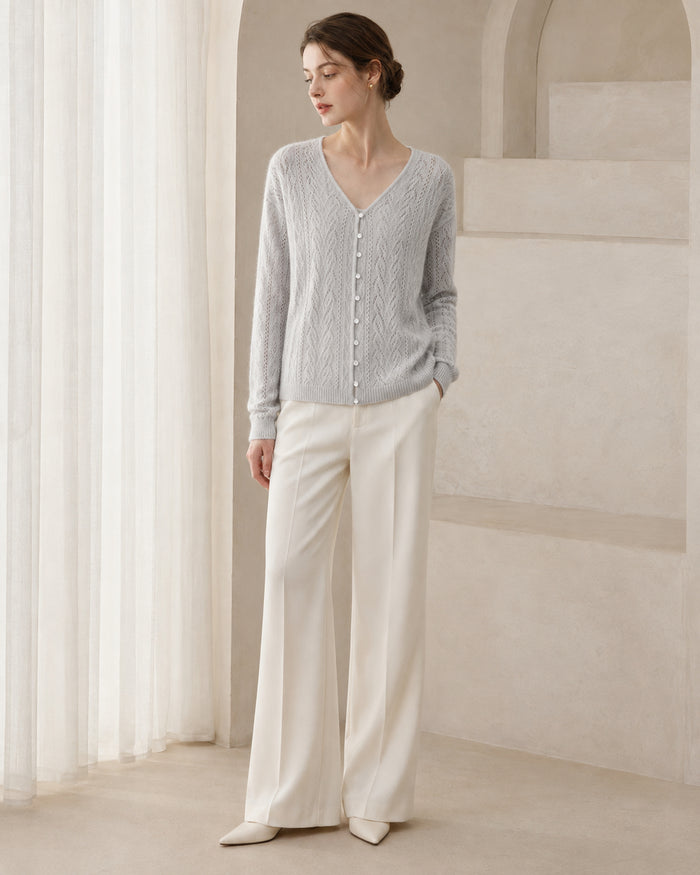 VELSÉE Women's Cashmere & Mulberry Silk Pointelle Cardigan, V-Neck Pearl Button Lightweight Knit