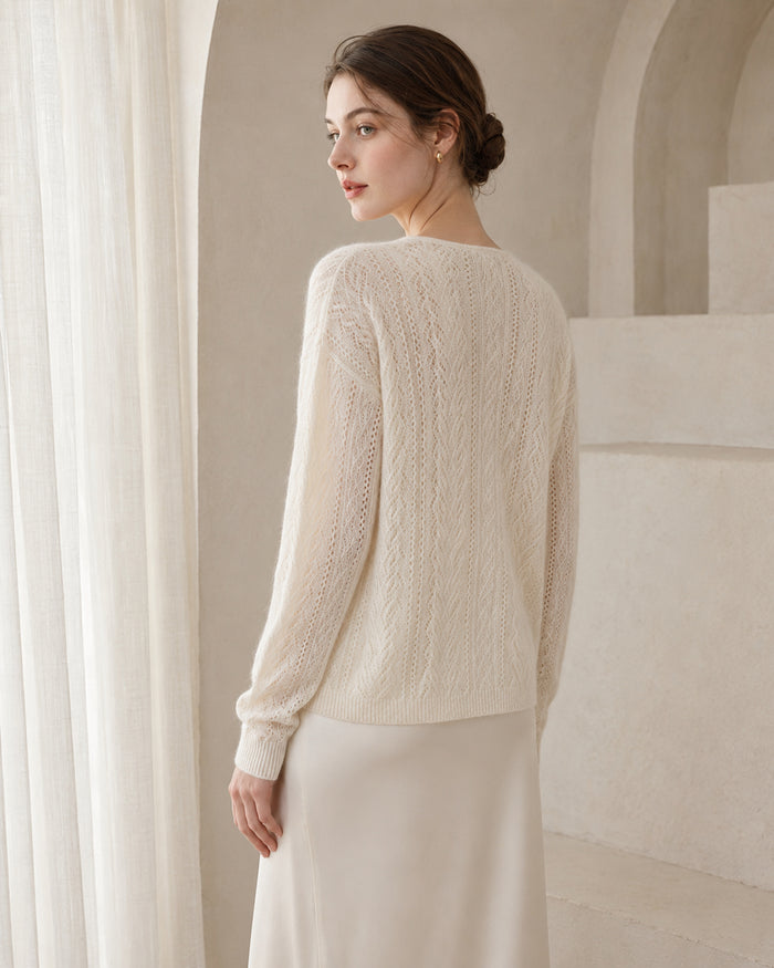 VELSÉE Women's Cashmere & Mulberry Silk Pointelle Cardigan, V-Neck Pearl Button Lightweight Knit