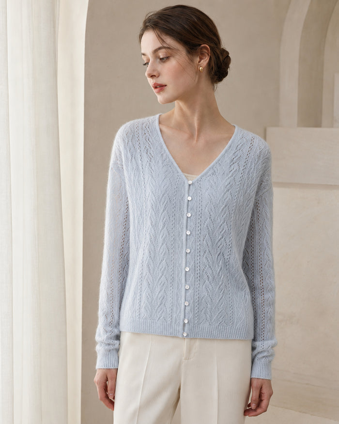 VELSÉE Women's Cashmere & Mulberry Silk Pointelle Cardigan, V-Neck Pearl Button Lightweight Knit