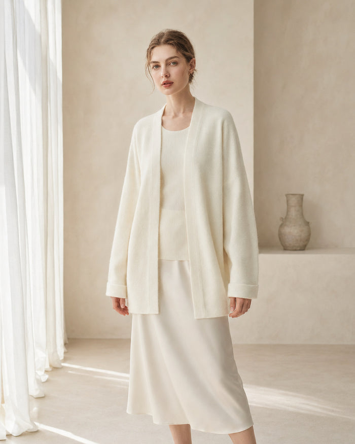 VELSÉE Women's Cashmere Open-Front Cocoon Cardigan, Relaxed Dropped-Shoulder Knit Layer