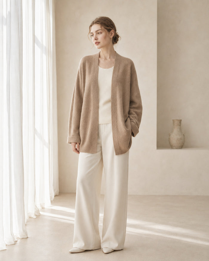VELSÉE Women's Cashmere Open-Front Cocoon Cardigan, Relaxed Dropped-Shoulder Knit Layer