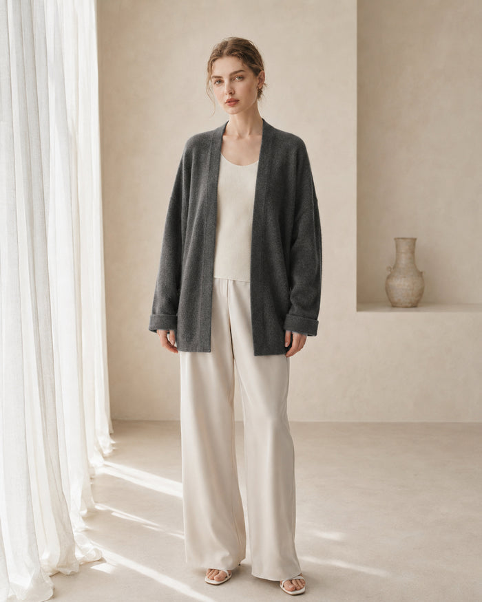 VELSÉE Women's Cashmere Open-Front Cocoon Cardigan, Relaxed Dropped-Shoulder Knit Layer