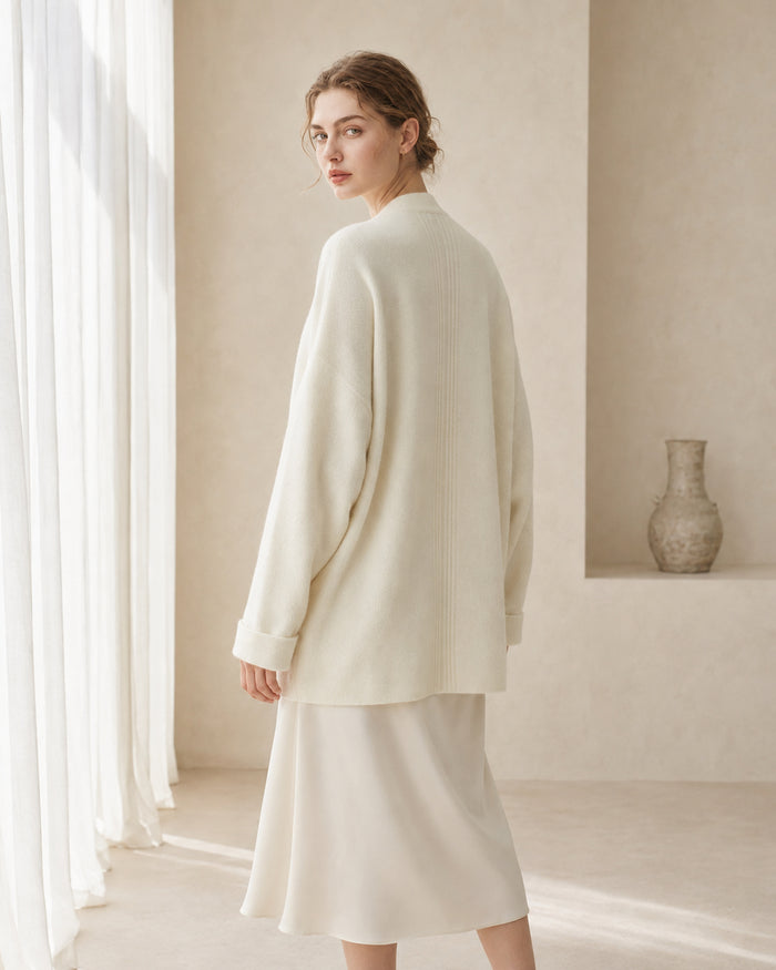 VELSÉE Women's Cashmere Open-Front Cocoon Cardigan, Relaxed Dropped-Shoulder Knit Layer