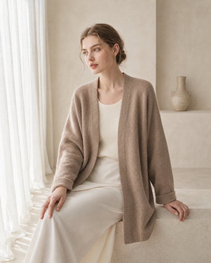 VELSÉE Women's Cashmere Open-Front Cocoon Cardigan, Relaxed Dropped-Shoulder Knit Layer