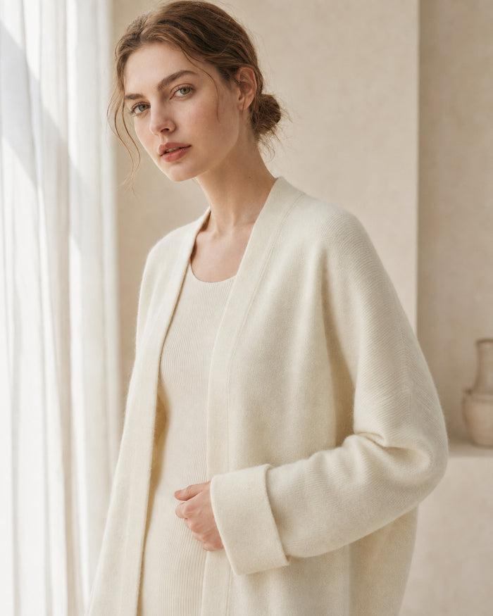 VELSÉE Women's Cashmere Open-Front Cocoon Cardigan, Relaxed Dropped-Shoulder Knit Layer