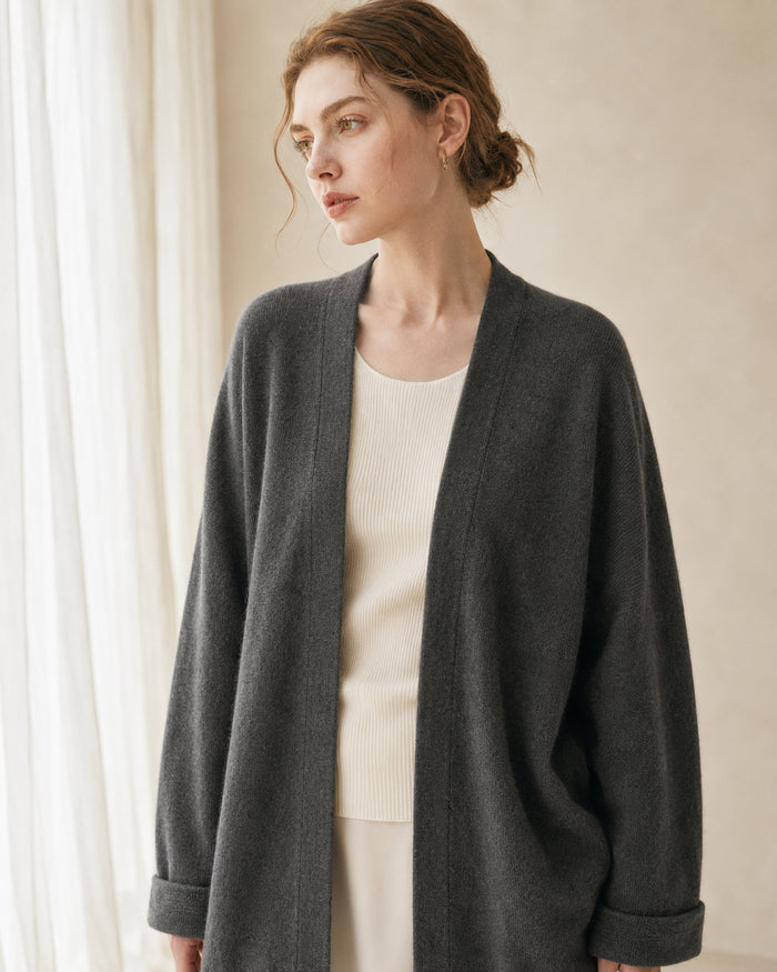 VELSÉE Women's Cashmere Open-Front Cocoon Cardigan, Relaxed Dropped-Shoulder Knit Layer