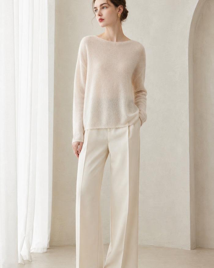 VELSÉE Women's Cashmere Silk Crew-Neck Sweater, Relaxed Lightweight Pullover with Dropped Shoulders