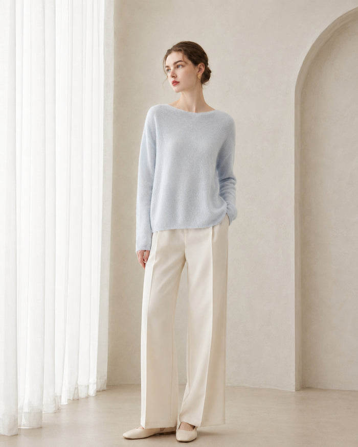 VELSÉE Women's Cashmere Silk Crew-Neck Sweater, Relaxed Lightweight Pullover with Dropped Shoulders