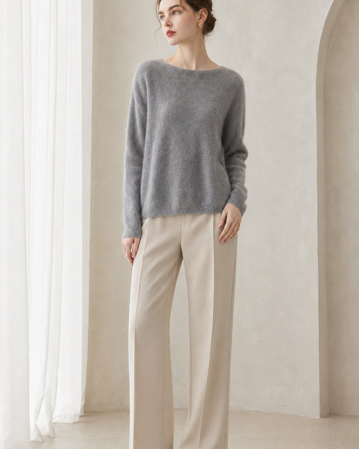 VELSÉE Women's Cashmere Silk Crew-Neck Sweater, Relaxed Lightweight Pullover with Dropped Shoulders
