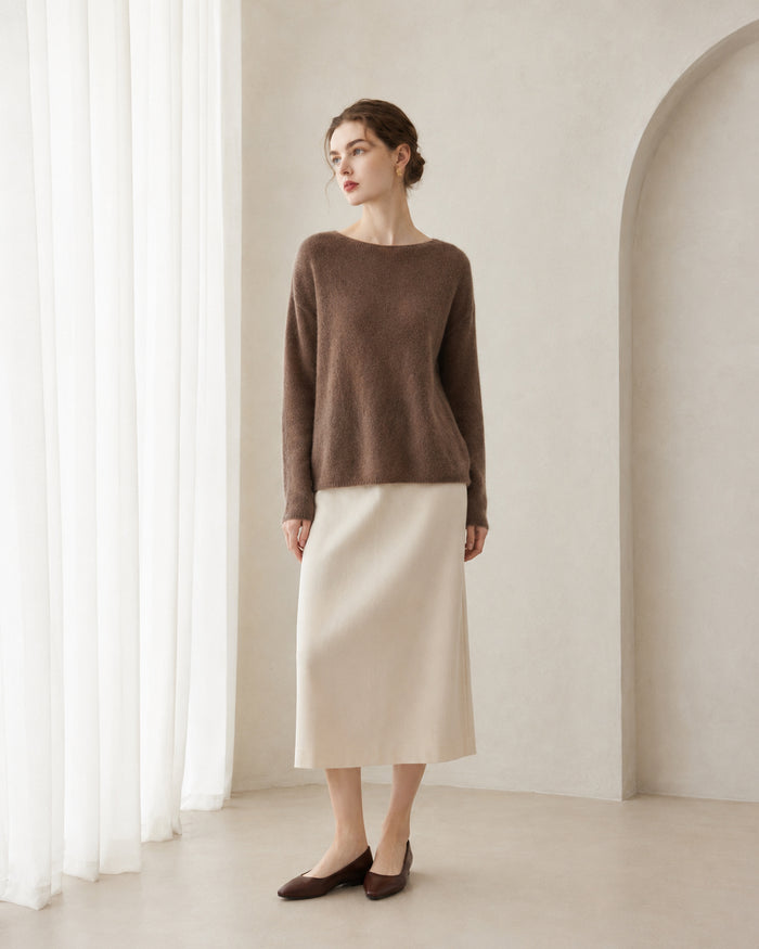 VELSÉE Women's Cashmere Silk Crew-Neck Sweater, Relaxed Lightweight Pullover with Dropped Shoulders