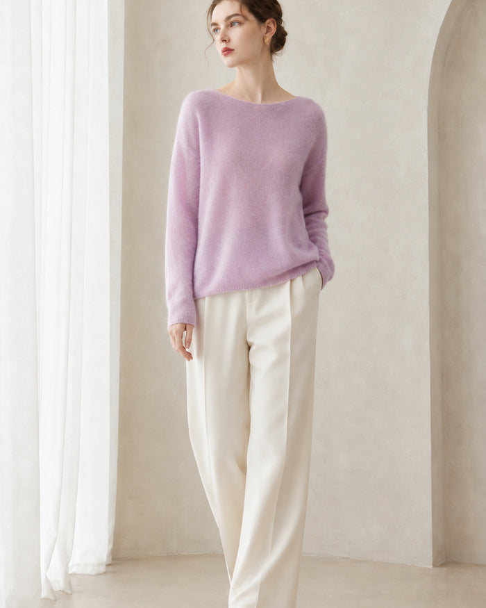 VELSÉE Women's Cashmere Silk Crew-Neck Sweater, Relaxed Lightweight Pullover with Dropped Shoulders