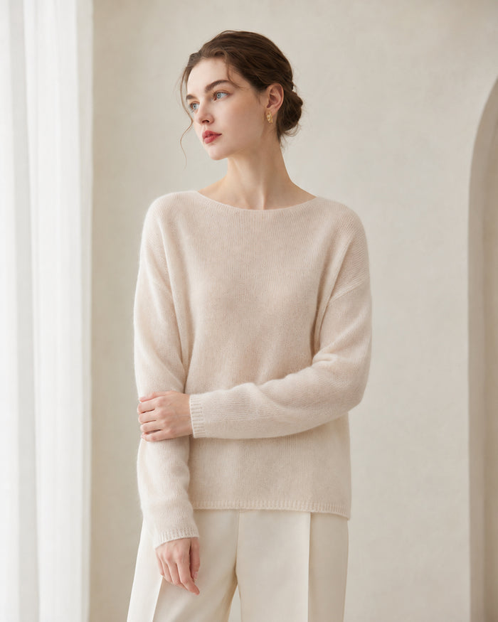 VELSÉE Women's Cashmere Silk Crew-Neck Sweater, Relaxed Lightweight Pullover with Dropped Shoulders