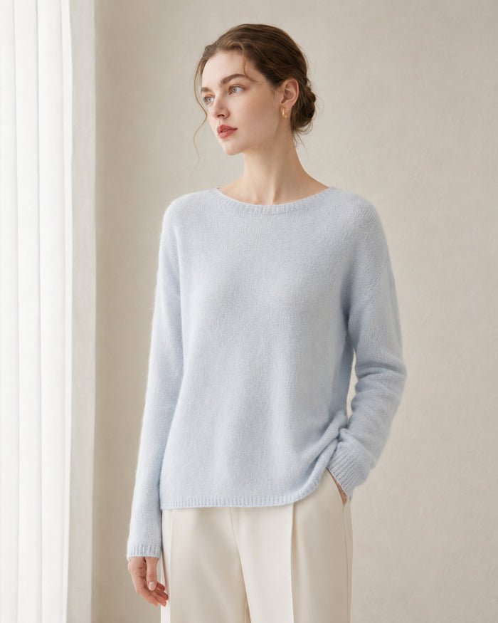 VELSÉE Women's Cashmere Silk Crew-Neck Sweater, Relaxed Lightweight Pullover with Dropped Shoulders