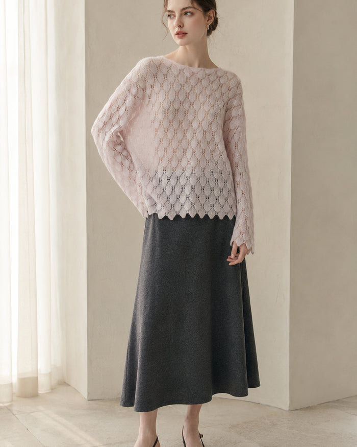 VELSÉE Women’s Cashmere Silk Pointelle Pullover – Scalloped Hem Lightweight Openwork Sweater