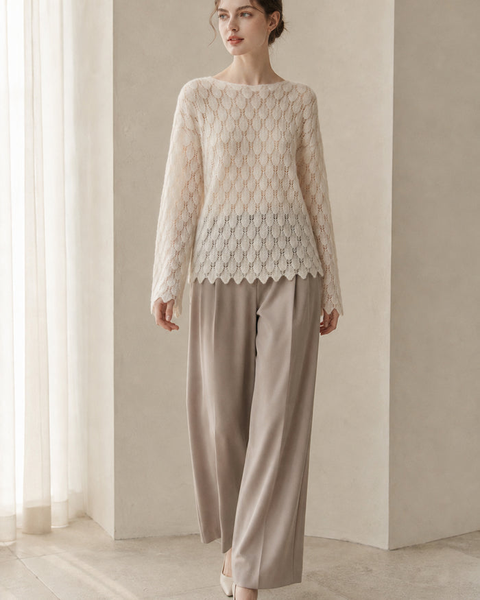 VELSÉE Women’s Cashmere Silk Pointelle Pullover – Scalloped Hem Lightweight Openwork Sweater