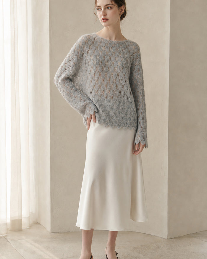 VELSÉE Women’s Cashmere Silk Pointelle Pullover – Scalloped Hem Lightweight Openwork Sweater