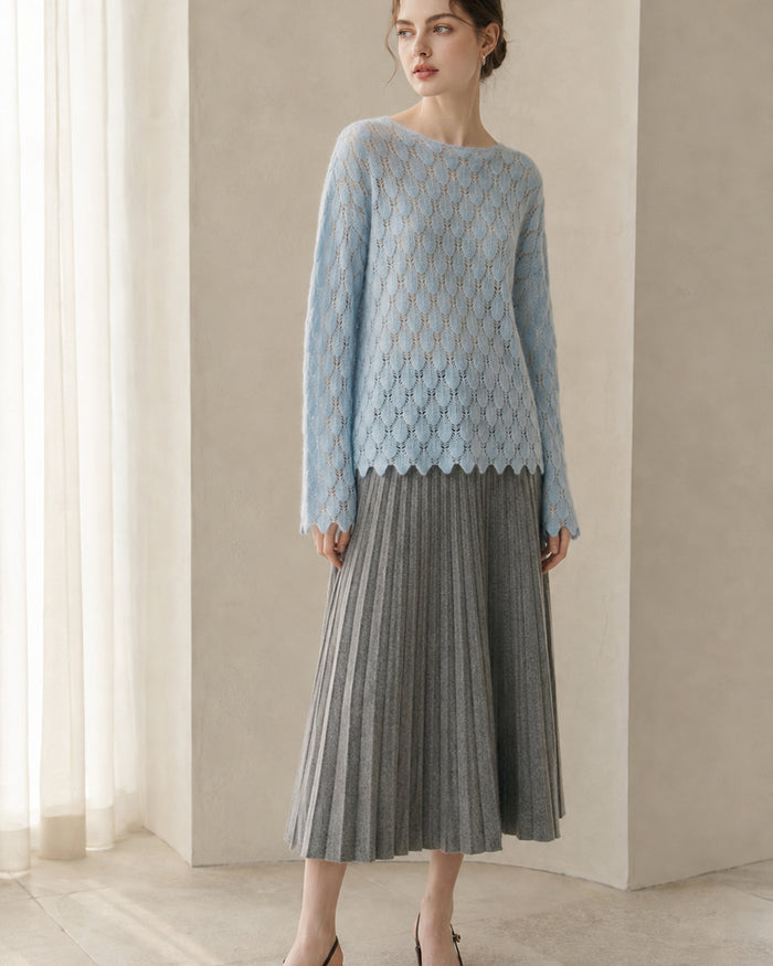 VELSÉE Women’s Cashmere Silk Pointelle Pullover – Scalloped Hem Lightweight Openwork Sweater