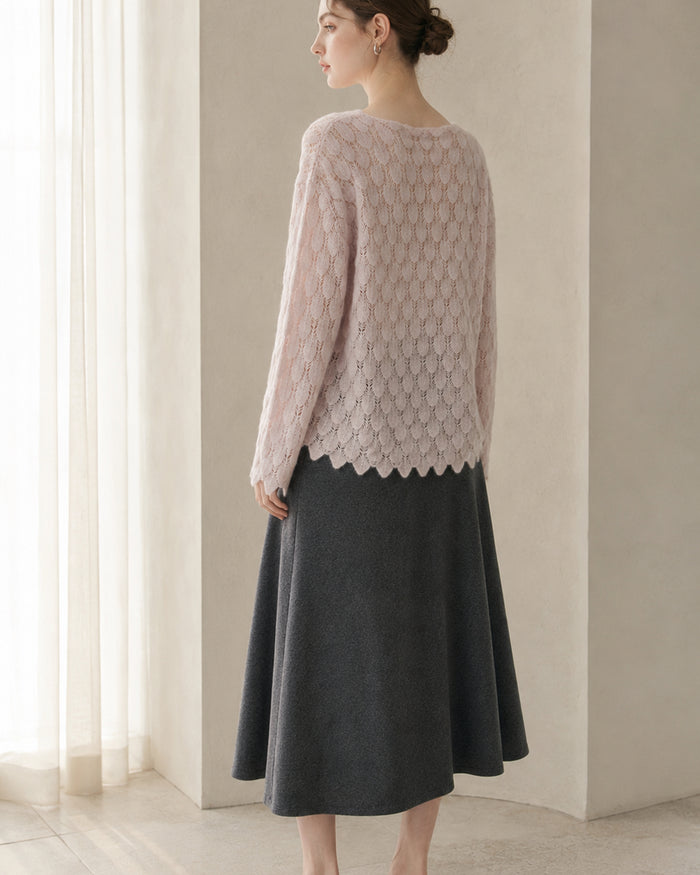 VELSÉE Women’s Cashmere Silk Pointelle Pullover – Scalloped Hem Lightweight Openwork Sweater