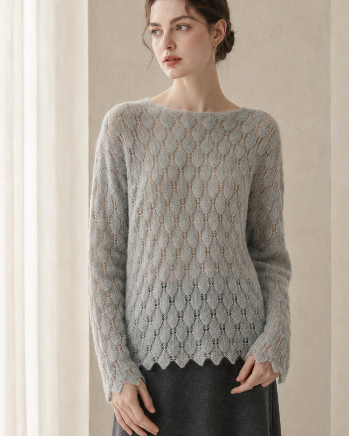 VELSÉE Women’s Cashmere Silk Pointelle Pullover – Scalloped Hem Lightweight Openwork Sweater