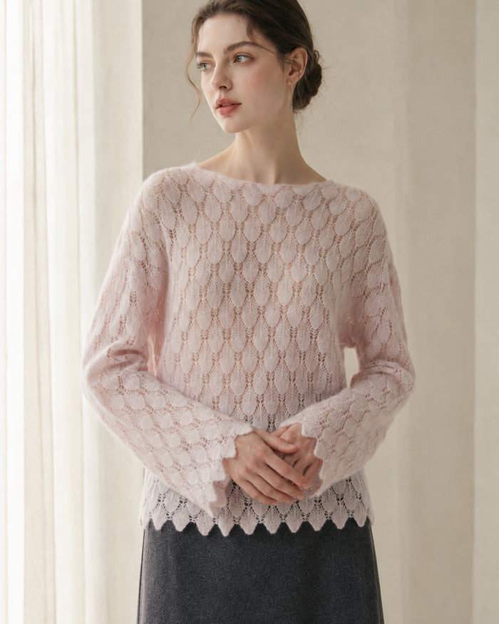 VELSÉE Women’s Cashmere Silk Pointelle Pullover – Scalloped Hem Lightweight Openwork Sweater