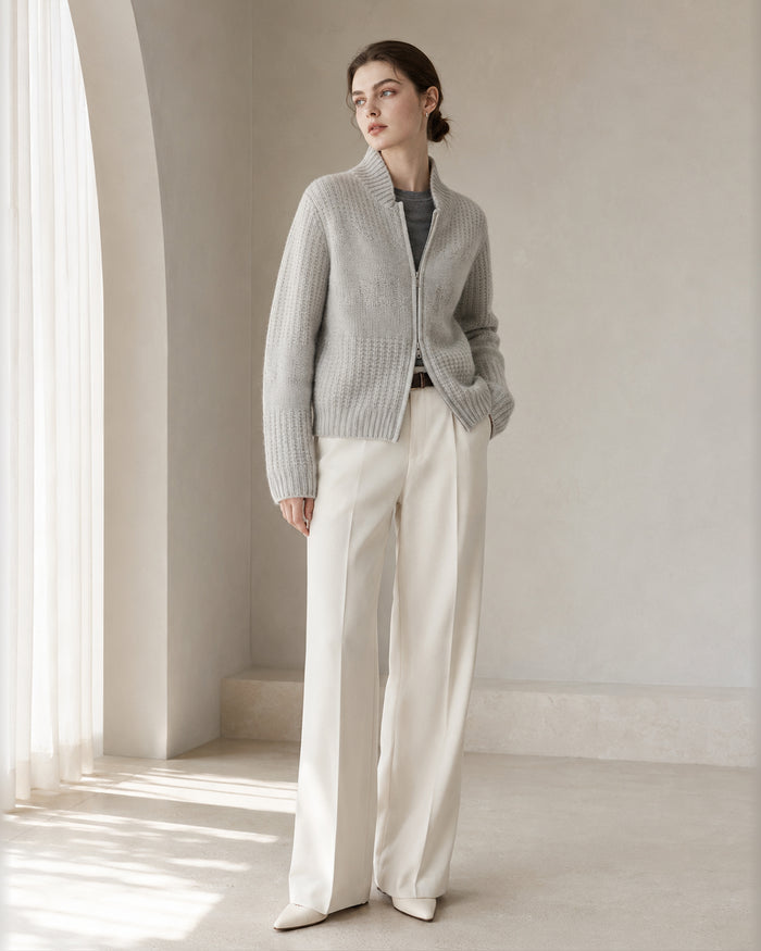 VELSÉE Women’s Cashmere Textured Zip Cardigan – Stand Collar Relaxed Cropped Knit Jacket