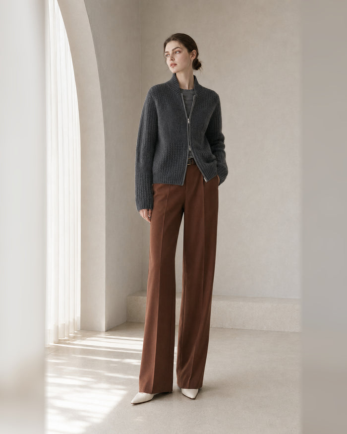 VELSÉE Women’s Cashmere Textured Zip Cardigan – Stand Collar Relaxed Cropped Knit Jacket