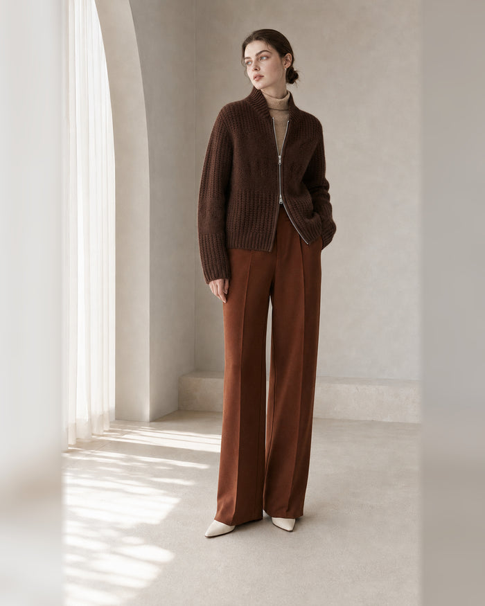 VELSÉE Women’s Cashmere Textured Zip Cardigan – Stand Collar Relaxed Cropped Knit Jacket