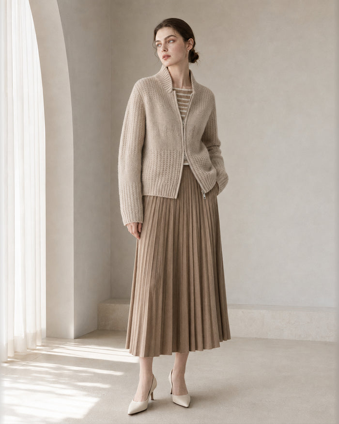 VELSÉE Women’s Cashmere Textured Zip Cardigan – Stand Collar Relaxed Cropped Knit Jacket