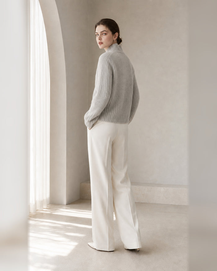 VELSÉE Women’s Cashmere Textured Zip Cardigan – Stand Collar Relaxed Cropped Knit Jacket