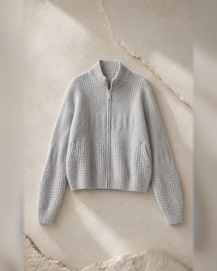 VELSÉE Women’s Cashmere Textured Zip Cardigan – Stand Collar Relaxed Cropped Knit Jacket