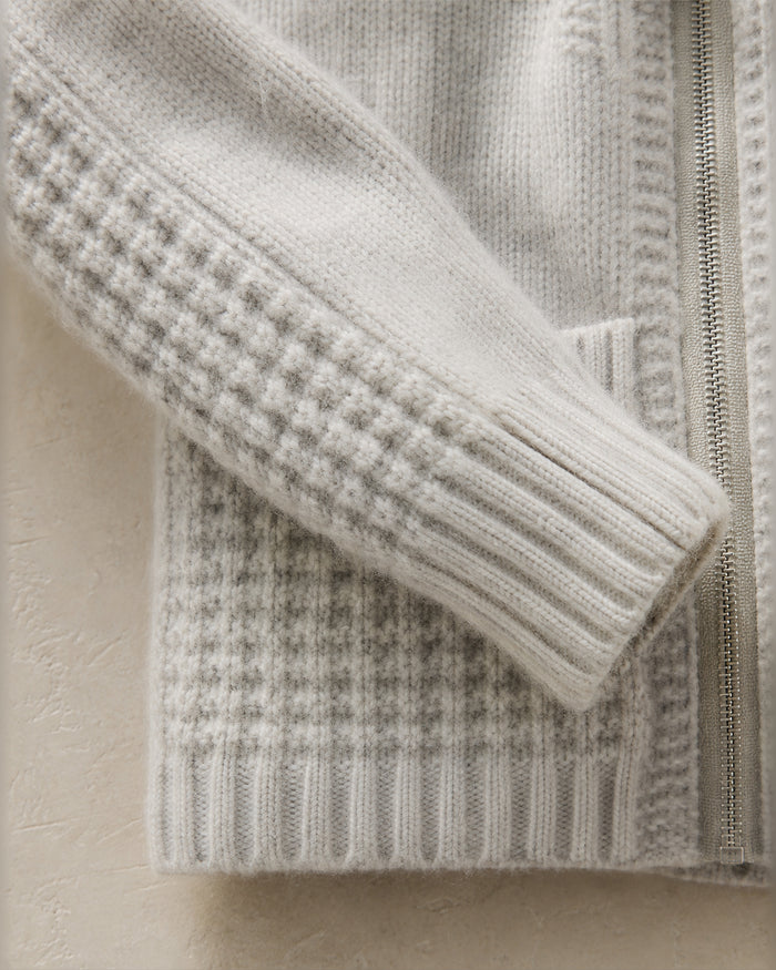 VELSÉE Women’s Cashmere Textured Zip Cardigan – Stand Collar Relaxed Cropped Knit Jacket