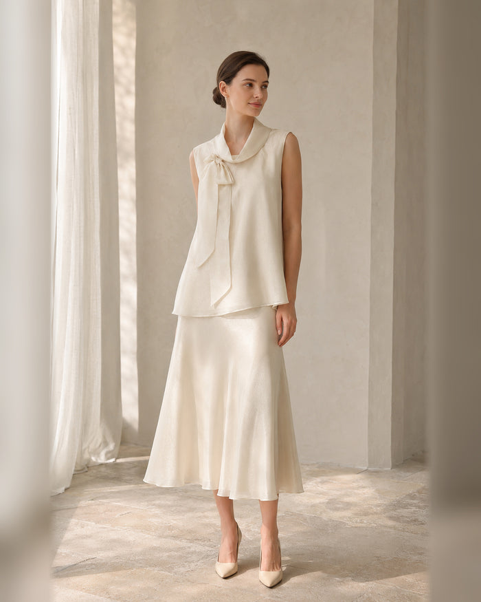 VELSÉE Women’s Mulberry Silk Scarf-Neck Two-Piece Set – Sleeveless Blouse and A-Line Midi Skirt