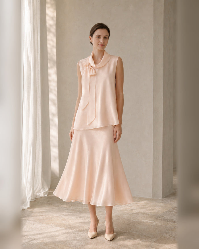 VELSÉE Women’s Mulberry Silk Scarf-Neck Two-Piece Set – Sleeveless Blouse and A-Line Midi Skirt