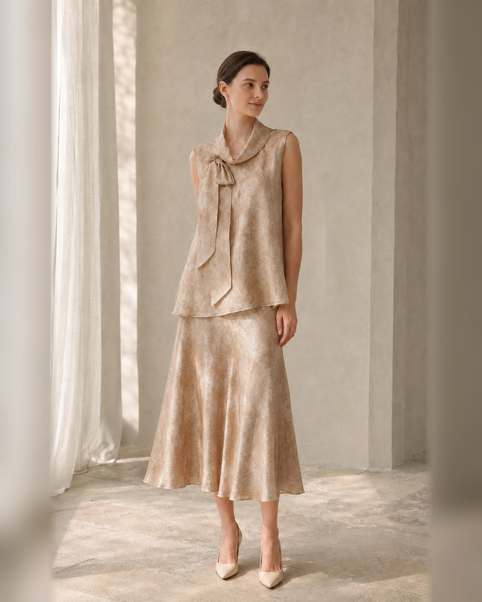 VELSÉE Women’s Mulberry Silk Scarf-Neck Two-Piece Set – Sleeveless Blouse and A-Line Midi Skirt
