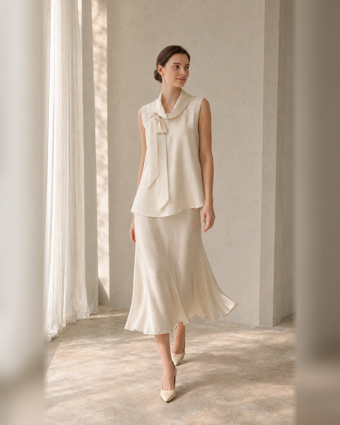 VELSÉE Women’s Mulberry Silk Scarf-Neck Two-Piece Set – Sleeveless Blouse and A-Line Midi Skirt