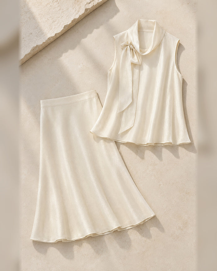 VELSÉE Women’s Mulberry Silk Scarf-Neck Two-Piece Set – Sleeveless Blouse and A-Line Midi Skirt