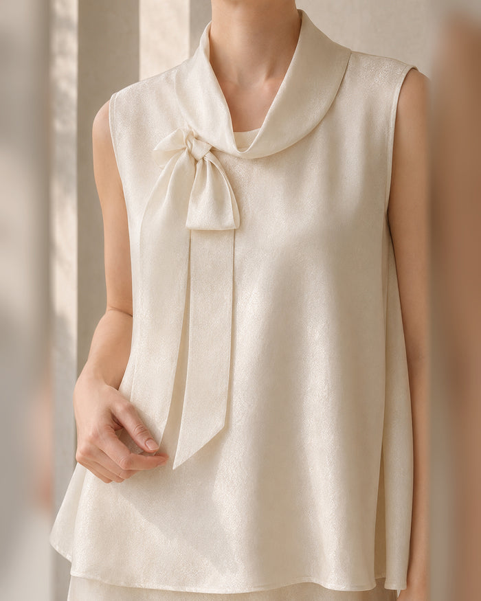 VELSÉE Women’s Mulberry Silk Scarf-Neck Two-Piece Set – Sleeveless Blouse and A-Line Midi Skirt