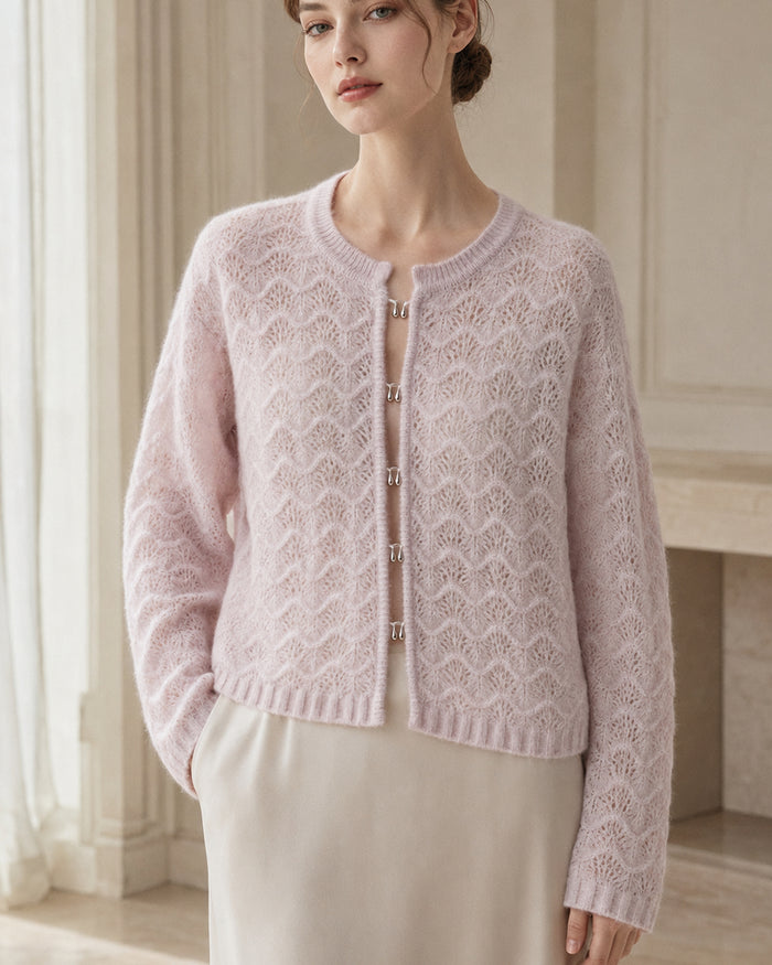 VELSÉE Women’s Pointelle Cashmere Cardigan – Pearl Button Crew-Neck Lightweight Knit
