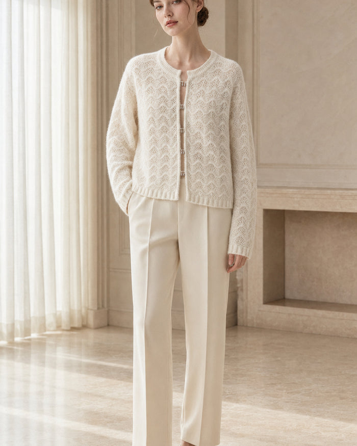 VELSÉE Women’s Pointelle Cashmere Cardigan – Pearl Button Crew-Neck Lightweight Knit