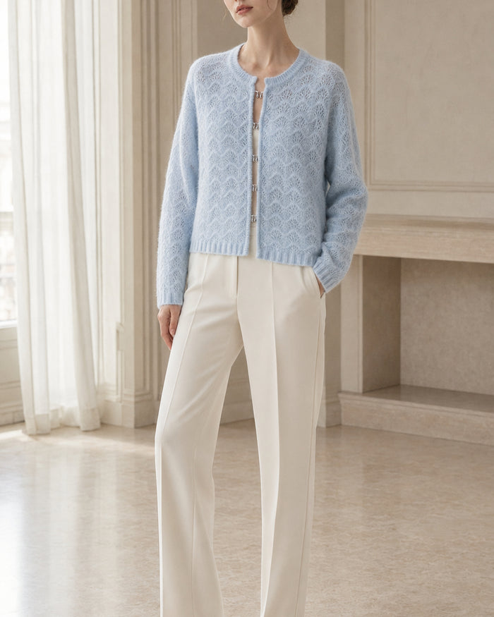 VELSÉE Women’s Pointelle Cashmere Cardigan – Pearl Button Crew-Neck Lightweight Knit