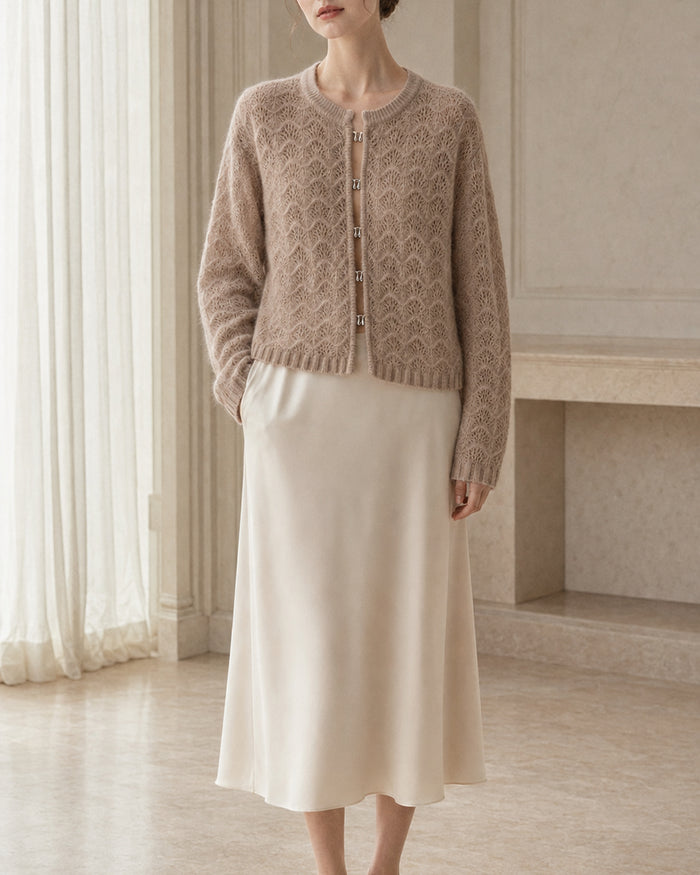 VELSÉE Women’s Pointelle Cashmere Cardigan – Pearl Button Crew-Neck Lightweight Knit