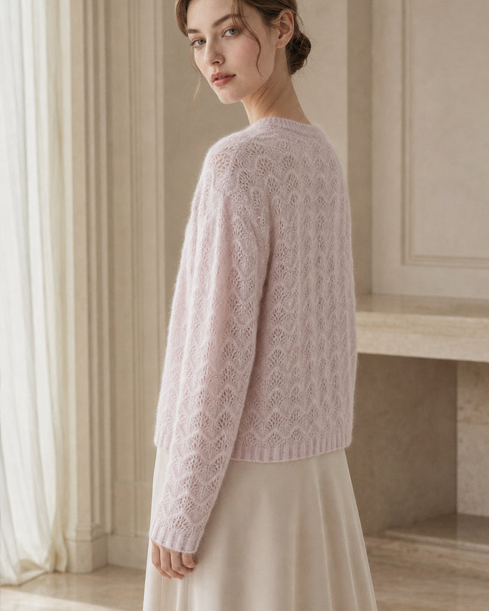 VELSÉE Women’s Pointelle Cashmere Cardigan – Pearl Button Crew-Neck Lightweight Knit