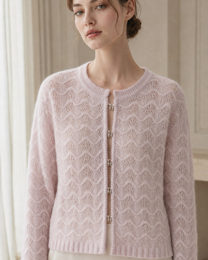 VELSÉE Women’s Pointelle Cashmere Cardigan – Pearl Button Crew-Neck Lightweight Knit